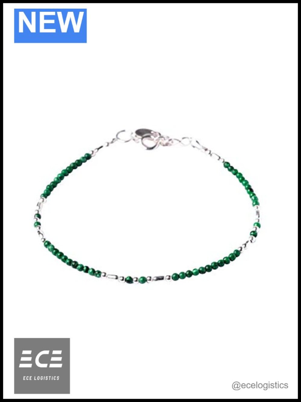 925 Sterling Silver Green Malachite Beaded Bracelet with Extender